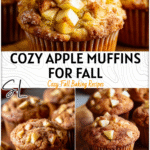 Golden Apple Cinnamon Muffins topped with apple chunks and cinnamon sugar on a wooden tray.